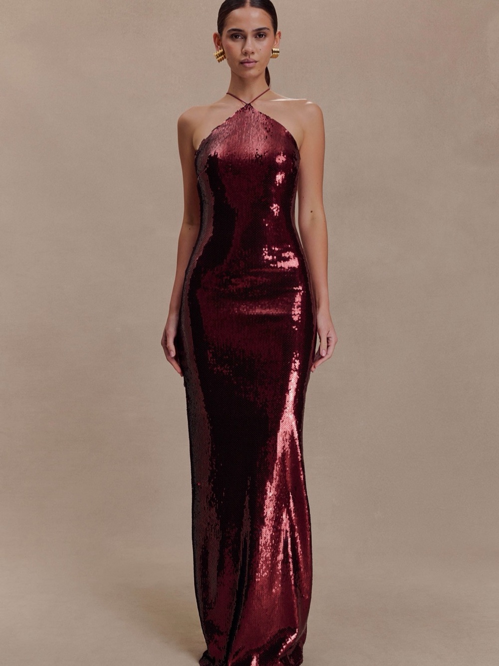 Meshki Baldwin Burgundy Sequin Halter Maxi Dress Birthday